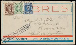 1929 N° 209/210 and N° 237, on airmail letter from Brussels, dated 22 August 1929, to Parana (Argentina), with black cancellation 