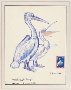 N° 481 ‘Protected birds - 10c. pelican’, design in watercolour, with comments and signature by the author J. Van Noten, vf