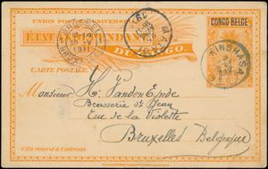 Stibbe 29P ‘15c. orange on brown’ from the princes issue with ‘CONGO BELGE’ typo overprint, new value ‘10’, sent from Kinshasa on 24 April 1911 to Brussels, rare, vf