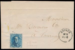 1864 N° 15-V5, „Griff durch linkes Auge und unter rechtem Auge”, auf Brief mit Inhalt, Abstempelung Pt.58-Brügge, datiert 22. August 64, nach Tournay, Abgangsstempel ohne Jahreszahl, Briefanfang ist Scheepsdaele, einwandfrei