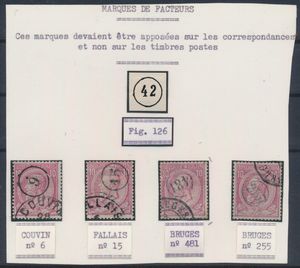 N° 46 (4x) with postman's cancellation on the stamp, Couvin with postman number 6 (black circle), Fallais with postman number 15 (black circle), Bruges with postman number 481 (black circle) and Bruges with postman number 255 (blue circle), vf