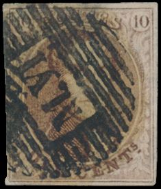 N° 10 „10c. braun”, vollrandig, zentraler, kopstehende ambulante Abstempelung „M.VI” (horizontal), Brüssel-Namur, einwandfrei (COBA 25 €)