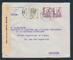 1938 Belgian Consulate in Cadiz (Spain), 1938 to Brussels + censorship + vignette, vf