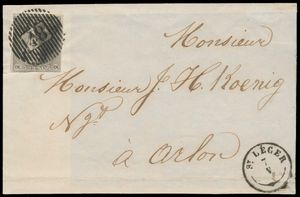 N° 1 „10c. braun”, auf Briefausschnitt, vollrandig, schöne zentrale Abstempelung D.48-St.Leger (Typ 18), nach Arlon, nur 8 Briefe bekannt, einwandfrei