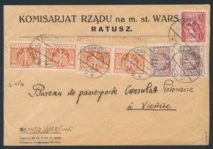 1924 Inflation period, letter from the commissariat in Warsaw to the Polish consulate in Vienna with beautiful postage, vf