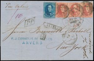 1862 N° 11 + 12 (3x) op brief, vanuit Antwerpen, afstempeling NI, met Anvers in kader zwart, dd. 22 augustus 1862, naar New York (Amerika), zwarte 