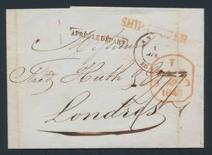 1848, forerunner without contents, from Antwerp, dated 1 April 1848, to London (England), nice cancellations 'Après le depart' in red frame and 'Ship-Letter' in red, receipt mark is the word PAID crossed out, charge 2 shillings 4 pence, vf 