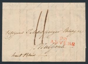1800 Voorloper met inhoud, vanuit Antwerpen, Herlant 20 (93/Anvers rood), dd. 3 Floréal An 8 (23 april 1800), naar Mulhouse (Frankrijk), tweede gewichtsklasse (10/15 gram en derde échelon = 3 1/2 port) en afstand van 539 km (6de échelon = 7 port), tezamen 10 1/2, afgerond naar 11 decimen, zm 