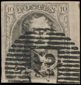 N° 10A „10c/ braun”, vollrandig mit rechtem Bogenrand, Abstempelung D.87-Grupont, einwandfrei (COBA €30)