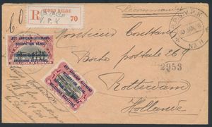 1918, n° 29 and 32 on registered letter sent from B.P.C.V.P.K. N° 11 on 10 January 1918 to the Netherlands, with censor's griff on the back, ‘SEEN BY CENSORSHIP’, dated 9-1-18 and signed, stamped ‘BASE OFFICE B 11 JAN 18’, ‘LONDON 4 MR 18’ and ‘ROTTERDAM 14-3-18’, vf/f 