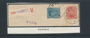 N° 138 and N° 141, on registered fragment, Sempst cancellation (without centre piece), ss. 8 October 19, see scan, vf