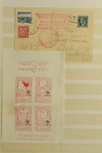 W.O. II, very extensive collection in 3 stockbooks from the period 1930/1949, including propaganda stamps (partly unclear) due to colours and sticking, many postal items including rarer ones, fragments with various cancellations, Spanish Civil War, Italy souvenir sheet of four on photo is ** (very nice), view with care!, many stamps stuck together, but interesting purchase, to be checked