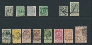 Small collection of cancellations, full bar cancellations (12 copies, including N° 54 and N° 55), Rebut cancellations (2 copies), between N° 43 and N° 73, vf