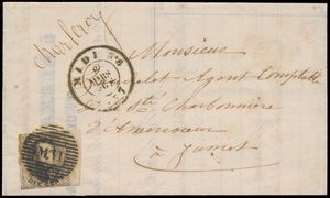 1857 N° 6 „10c. braun”, auf Brief mit Inhalt, Marke mit Rand, Abstempelung „M.VI” horizontal, datiert 8. März 1857, mit Handschrift „Charleroy”, nach Jumet (Ankunftsstempel Roux), einwandfrei/schön