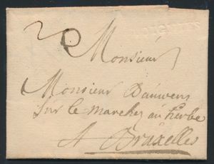 1744 Forerunner with contents, from Soignies, dated 15 July 1744, Herlant 4 (first year), to Brussels, charge 2 sols, vf