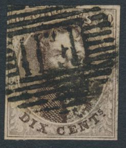 N° 10A „10c. braun”, vollrandig, zentraler, kopstehende ambulante Abstempelung „E.II-Liège-Verviers”, einwandfrei (COBA €40)