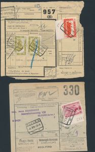 1938/1954 Accumulation de 30 formulaires de colis postaux + 3 fragments, divers cachets de gare, tb/b/à voir