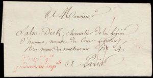 1809 Voorloper zonder inhoud, dienstbrief in portvrijdom, naar Parijs. Stempel in rood 