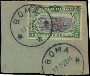 N° 100Dr-Cu ‘5c. green’, Mols Bilinge from 1910 mistakenly overprinted in Boma with ‘10c.’ in vermilion, the overprint is inverted, not listed in the catalogue, the stamp is cancelled Boma 17 October 1922 in black on a fragment, vf (OBP €330 for normal overprint)