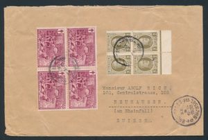 1930 N° 191 (2c brown in block of four), N° 296 (block of four), on reverse N° 245 (3c on 2c Houyoux in block of 15), on letter from Brussels to Neuhausen (Switzerland), dated 22 February 1930, vf