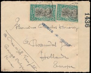 1916, n° 66a (2x) ‘15c. green’, 1st printing ‘Cut palm trees’ (600.000 copies) on small cover sent from Uvira on 6 April 1916 to the Netherlands, on the back Congolese censorship stamp ‘CENSURE MILITAIRE/le comdt du bt’ + signature, Dutch censorship griff and British censorship wrapper, fine condition document censored 3 times, vf