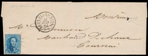 1865 N° 15-V5, „Griffe schräg quer”, Position 138, auf Brief mit Inhalt, Abstempelung Pt.62-Bruxelles(MIDI), datiert 21. Juni 65, nach Tournay, einwandfrei