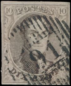 N° 10 „10c. braun”, vollrandig, zentraler Stempel D.91-Burdinne, einwandfrei (COBA €50)