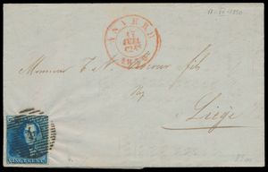 1850 N° 2A, on a letter with contents, fully margined, cancelled P.4-Antwerp, dated 17 July 1850, to Liège, vf