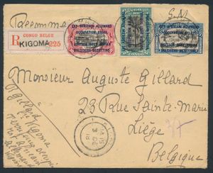 1918 N° 29, 30 and 31 on registered letter sent from Kigoma on 3 December 1918 to Liège, with large purple griff ‘CENSURE MILITAIRE’ (military censorship) on the back and postmark B 10 Dec 18, vf