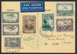 1937, postcard from the Antwerp Aeronautical Exhibition, franked by Belgium N° 449, PA 3, and PA 6, cancelled Antwerp 25 March 1937 and Congo N° 135, 194, PA 7 and PA 9, cancelled Stanleyville 1-10-1937, griffe of the Antwerp exhibition, vf