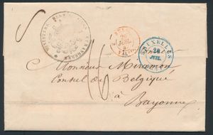 1847, forerunner with contents, from Brussels, dated 28 July 1847, to Bayonne (France), beautiful cancellation from 'Ministère des Affaires Étrangeres' as well as the letter head, charge 16 decimes, vf