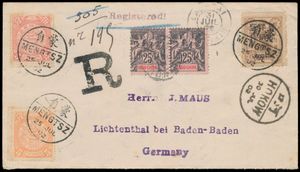 1902 Mixed franking China/Indochina Mengtsz to Lichtenhal (Germany), very fine