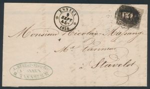1858 N° 6 „10c. braun”, vollrandig auf Brief mit Inhalt, Abstempelung D.14-Esneux, datiert 9. September 1858, nach Stavelot (Ankunftsstempel Stavelot 10. September 1959), einwandfrei