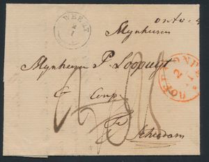 1843 Forerunner with contents, from Weert, dated 2 November 1843, type 18, Herlant 4, together with Roermonde, type 11, Herlant 26 (with E after the name), to Schiedam, dated 4 November 1843, charge of 30 decimals cancelled and its rate valued at 25 decimals, vf