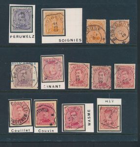 N° 135, N° 138/140, 13 copies, all with telegraph postmarks with star with/without centre piece, such as Soignes, Ath, Couvin, etc., for the specialist, see scan, vf