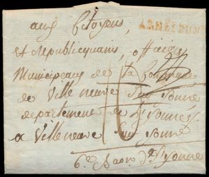 1793 Forerunner with contents, from Villeneuve/Yonne (France), dated 9 November 1793 (19 Brumaire an II), cancellation 