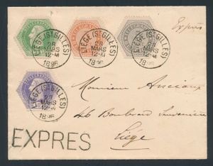 1896 TG 3/4 and TG 8/9, mixed issues, on express envelope (manuscript and cancellation black), from Liège (canceled Liege (St Gillis), dated 28 March 1896, sent locally within Liège, charge of 45 cents (second weight class: 20 cents and express fee 25 cents), vf has a curiosity white dot before the eyes, mint 