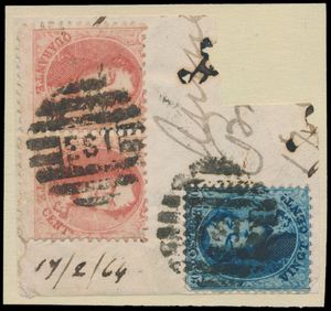 1864 N° 15 + 16 (in pair), on fragment, ambulantory postmark 