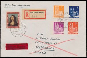 1952 Registered letter from Bad Harzburg to Switzerland franked with, among others, n° 96 imperforated, beautiful and rare with photo certificate, vf