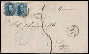 1860 N° 11A „20c blau” (2x) auf Brief mit Inhalt, beide vollrandig, Abstempelung P.4-Antwerpen, datiert 21. August 1860, nach Lüttich, Gewicht 21 Gramm (dritte Gewichtsklasse über 30 Kilometer beträgt 80 Centimes), „Affranchissement Insuffisant”, zusätzliche Schätzung beträgt 5 Decimen (80 Centimes-40 Centimes an Marken = 40 Centimes, plus 10 Centimes Strafport), Firmenstempel Simonet-Corten, einwandfrei
