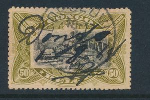 N° 53a ‘50c. dark olive’ with handwritten cancellation ‘DONGO 1/4/14’ in black ink and cancellation ‘Leopoldville 16 AUGUST 14’, rare, Dongo in Ubangi did not have a post office until August 1956, vf