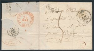 1845, forerunner, from Lens (France), post office box E (Pont à Vendin), dated 30 May 1845, to Saint-Ghislain, on the reverse side a cancellation of 
