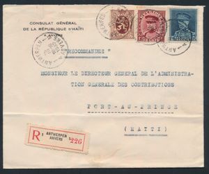 1932 N° 288A, 317 and 320, a registered letter on a consulate envelope (Consulat général de la république D'Haïti), sent from Belgium, cancel 