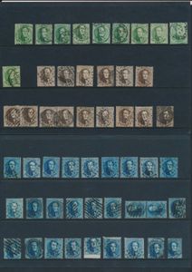 N° 13/16, nice collection of perfs, cancellations, shifted image, multiple griffes, 68 items and 7 pairs, vf/f/to be checked