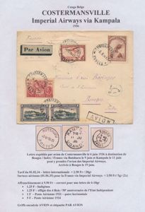 1936, airmail cover, franked with COB N° (pair) PA2, (1x) PA12, (1x) 177 and (1x) 186, sent by airmail via Imperial Airways, from Costermansville June 6, 1936 to Bouges / France where it arrived June 19, via Rutshuru and Kampala / Uganda, correctly franked, vf/f