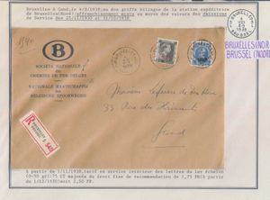 1939, S 6 and S 34, mixed emissions service, on registered letter envelope, from Brussels (canceled postmark Bruxelles 5), dated 4 August 1939, to Ghent, first weight class rate up to 50 grams is 75 cents, registration fee is 1.75 francs, together a charge of 2.50 francs, vf