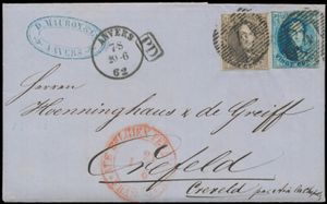 1862 N° 11/12, les deux timbres bien margé, sur lettre avec contenu, cachet P.4-Anvers, daté du 20 juin 1862, à Creveld (près d'Aix-la-Chapelle), 