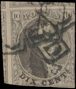 N° 10 „10c. braun, eingeschnitten mit 3 vollen Nachbarn, gestempelt mit dem „PD”-Griff in schwarzem Rahmen, mindestens 5 Mal, selten, einwandfrei/schön