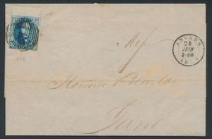 1859 N° 11A „20c blau”, vollrandig mit oberem Rand, auf Brief mit Inhalt, schöne zentrale Abstempelung P.4-Antwerpen, datiert 24. Juni 1859, nach Gent, einwandfrei