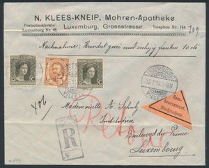 1914 N° 76 and 97 (2x) on registered letter from Luxembourg 10.7.14 to Luxembourg, with vignette 